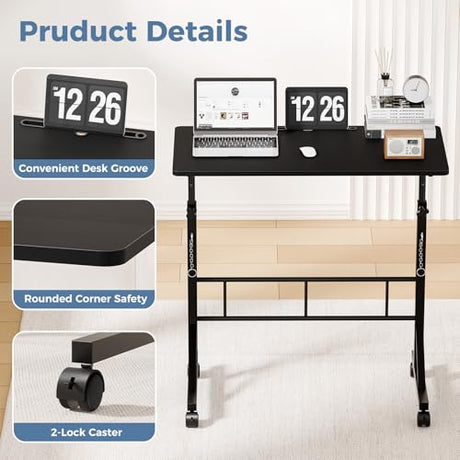 DUMOS 31.5" Adjustable Height Mobile Desk with Locking Wheels & Pin-Lock, Portable Workstation for Walking Pad & Active Home Office, Black DUMOS