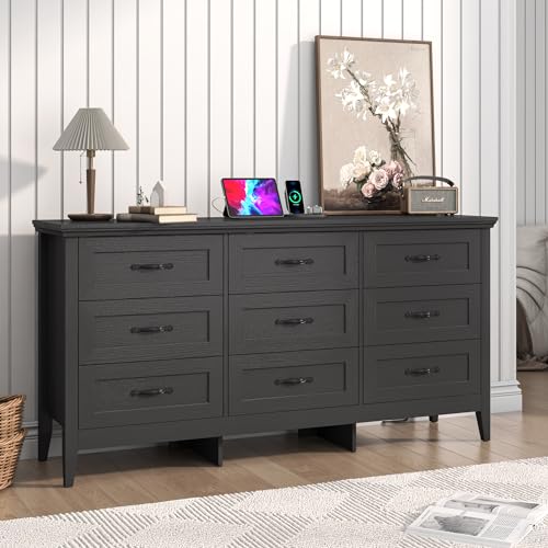 chartustriable Farmhouse 9 Drawers Dresser, Wood Dresser for Bedroom Wide Chest of Drawers, French Country Storage Double Dressers Organizer for Bedroom, Living Room, Nursery(Black) chartustriable