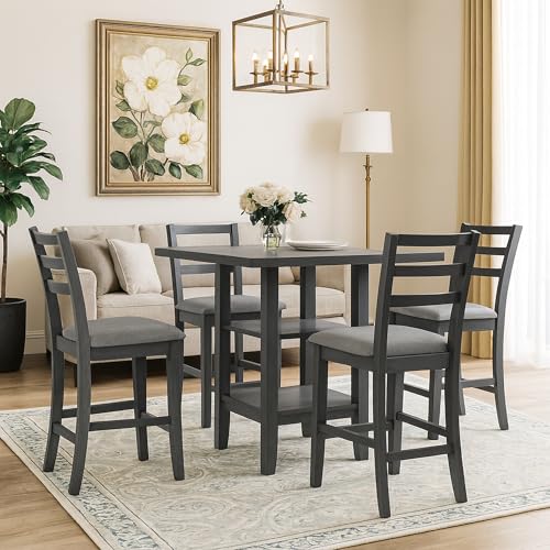 Bellemave 5 Piece Wooden Counter Height Dining Set, Square Dining Table with 2-Tier Storage Shelving and 4 Padded Chairs, Kitchen Dining Table Set for 4 Persons, (Gray & Storage) Bellemave
