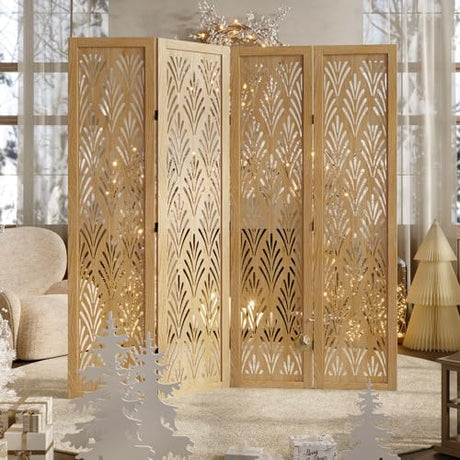 5.6Ft Room Divider Folding Wood Simple Carved Partition Screen for Home Office Garden - 4 Panels (Natural) Svimi
