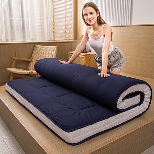 MAXYOYO Futon Mattress, Padded Japanese Floor Mattress Quilted Bed Mattress Topper, Extra Thick Folding Sleeping Pad Breathable Floor Lounger Guest Bed for Camping Couch, Navy, Full MAXYOYO