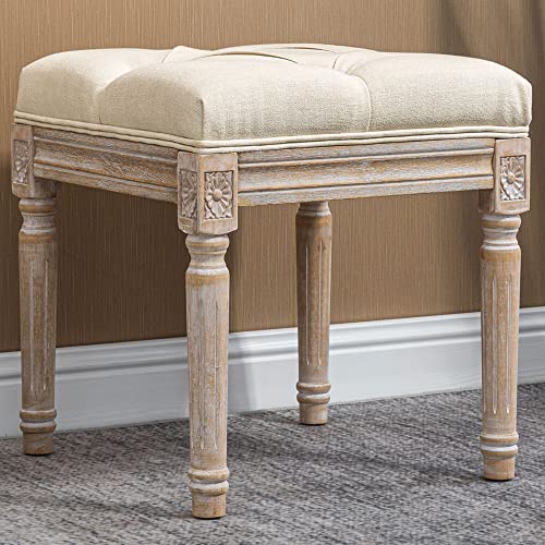 HOMCOM 16" Vintage Ottoman, Tufted Foot Stool with Upholstered Seat, Rustic Wood Legs for Bedroom, Living Room, Beige - WoodArtSupply