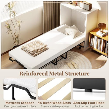 KOMFOTT Murphy Bed Cabinet, Rolling Folding Bed into Cabinet with Mattress & Lockable Wheels, Folding Bed Frame for Small Space, Roll Away Pull Out Murphy Bed for Guest Room Office (White) KOMFOTT