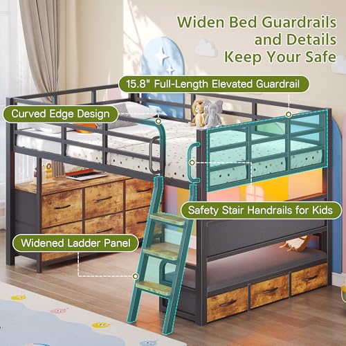 Dnxao Low Loft Bed Twin with Desk,9 Storage Drawers,Twin Bed Frames for Kids with 15.8" H Safety Guardrail,Kids Loft Bed with LED Lights and Charging Station,Inclined Ladder,Spave Saving,Rustic Brown Dnxao