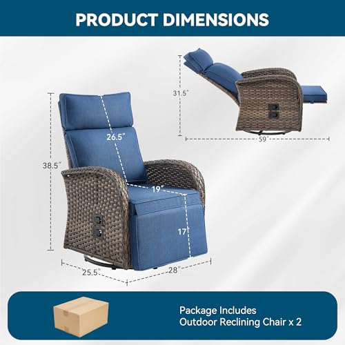 Jelwaly Zero Gravity Patio Swivel Recliner Chairs Set of 2 - Wicker Outdoor Lounge Chair with Adjustable Backrest & Footrest, All Weather Reclining Rocker Chairs with Thick Cushion for Pool Deck Blue