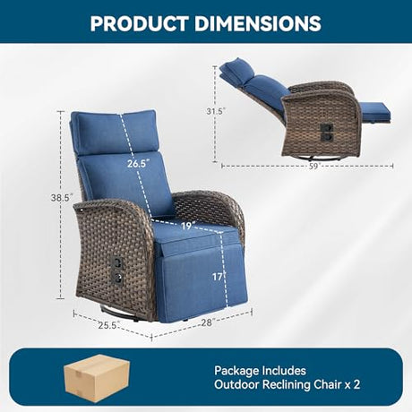 Jelwaly Zero Gravity Patio Swivel Recliner Chairs Set of 2 - Wicker Outdoor Lounge Chair with Adjustable Backrest & Footrest, All Weather Reclining Rocker Chairs with Thick Cushion for Pool Deck Blue Jelwaly
