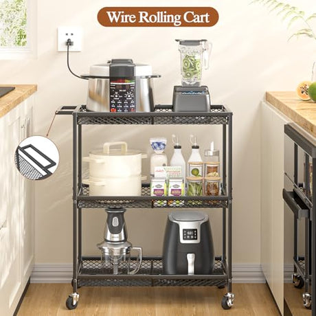 3 Tier Rolling Utility Kitchen Cart, Heavy Duty Wire Rolling Cart on Wheels, Commercial Metal Serving Carts with Handle, Kitchen Island Plant Shelf Food Storage Trolley for Laundry, Office, Garage ThreeHio