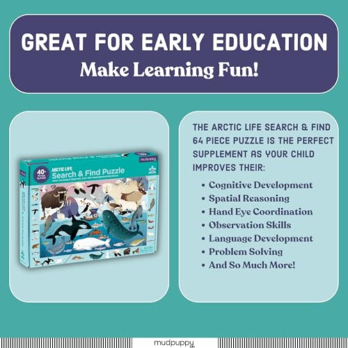 Mudpuppy Arctic Life Search & Find Puzzle, 64 Pieces, 23”x15.5” – For Kids Age 4-7 - Colorful Illustrations of Animals, Fish, Birds Living in the Arctic – Complete Puzzle to Find 40+ Hidden Images Mudpuppy