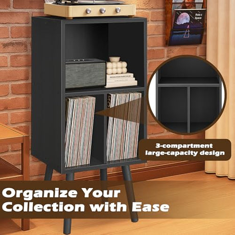 Record Player Stand with Vinyl Storage, 3 Tier Wooden Vinyl Record Stand, Record Player Cabinet, Record Player Stand with Storage, Record Player Shelf for Bedroom, Office, Black Montex
