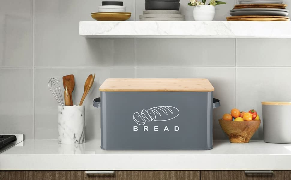 Bread Box, Bread Box for Kitchen Countertop, GA Homefavor Bread Bin, Bread Holder with Bamboo Lid, 11.56"6.7"5.5", Grey - WoodArtSupply