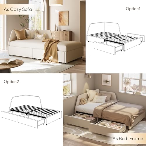 LIKIMIO Premium Twin Corner Day Bed Frame, Modern Upholstered Daybed with Headboard & Storage Drawers & Safety Rail, Perfect for Teen Room/Small Space/Apartment Essential LIKIMIO