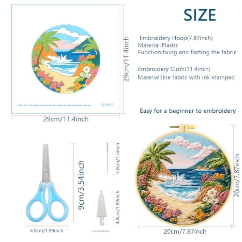 Zhenqing Beach Landscape Embroidery Kit, Seaside Floral Craft Set with 20cm Hoop, Printed Design on 29x29cm Cotton Fabric, DIY Coastal Wall Art (JC0027)