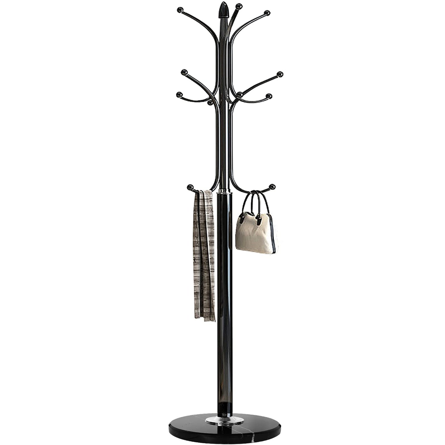 Kertnic Metal Coat Rack Stand with Natural Marble Base, Free Standing Hall Tree with 12 Hooks for Hanging Scarf, Bag, Jacket, Home Entry-way Hat Hanger Organizer (Black) - WoodArtSupply