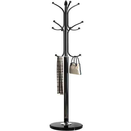 Kertnic Metal Coat Rack Stand with Natural Marble Base, Free Standing Hall Tree with 12 Hooks for Hanging Scarf, Bag, Jacket, Home Entry-way Hat Hanger Organizer (Black) Kertnic