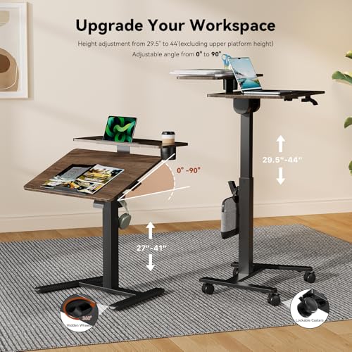 Liftsync 28 inch Mobile Standing Desk On Wheels， Small Computer Workstation Adjustable Height，Rolling Laptop Stand with Tiltable Desktop， 2-Tier Portable Study Table with Storage Shelf， Walnut Liftsync