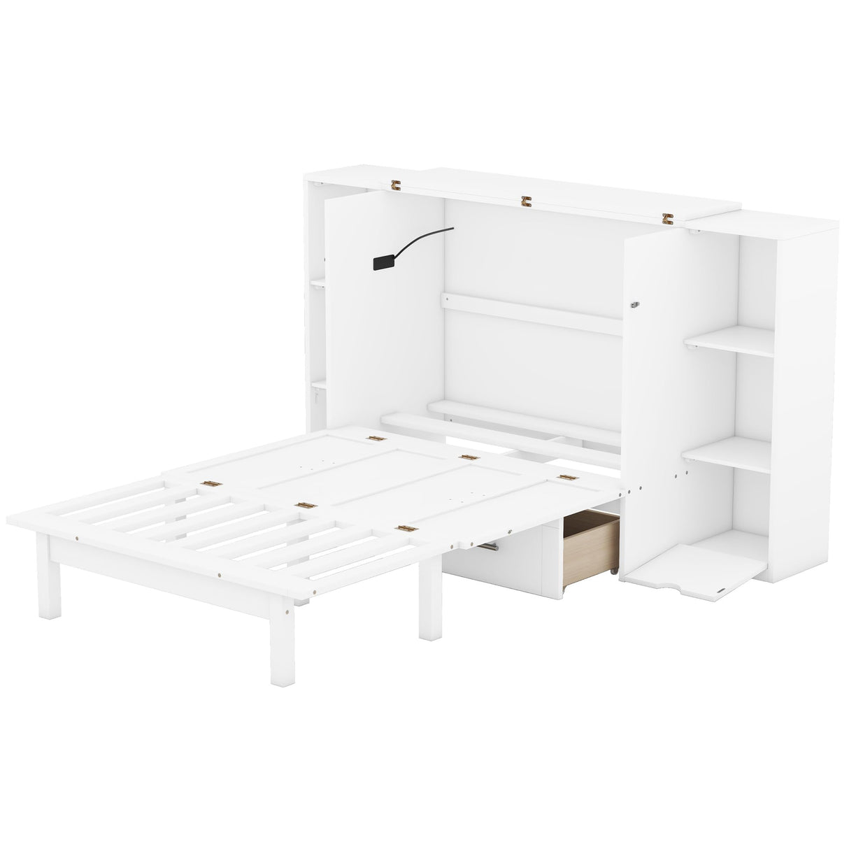 Queen Size Murphy Bed Cabinet with Storage Shelves & USB Ports,Wood Mobile Cabinet Bed with 2 Drawers, Murphy Chest Bed Queen,Space-Saving Folding Murphy Bed Queen for Teens,Adults,White Bellemave