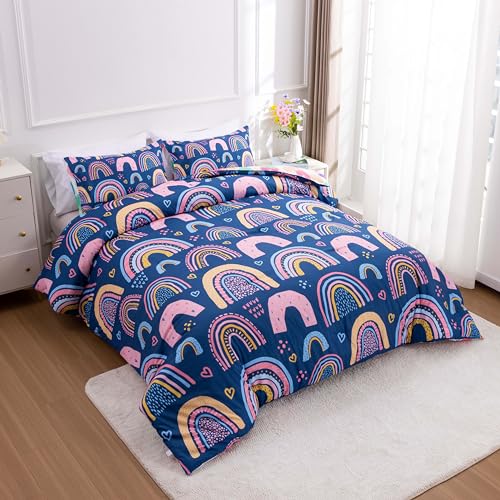 Btargot Lightweight Soft 3 Piece Rainbow Comforter Set with 2 Pillow Covers, Cartoon Love Hearts Suns and Stars Bedding Set for Girls Boys Kids, Twin Dark Blue Btargot
