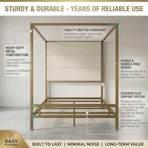 JIJIWANG Modern Gold Canopy Bed Frame with Tall Linen Fabric Upholstered Headboard Metal 4-Poster Bed, Box Spring Needed, (Queen,Gold)