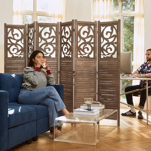 Room Divider Wood Carved Wall Divider Indoor Folding Portable Partition Screen for Home Office Garden Terrace - 6 Panel, 67 * 90inch (Dark Brown) Svimi