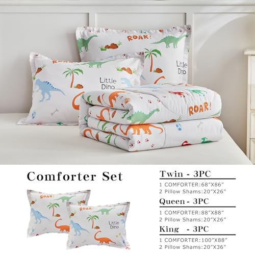 Joyreap Cotton Comforter Set Twin, Colorful Dinosaurs Orange n White Design, 3pcs Kids Bedding Set for All Season- 68x88 inches Joyreap