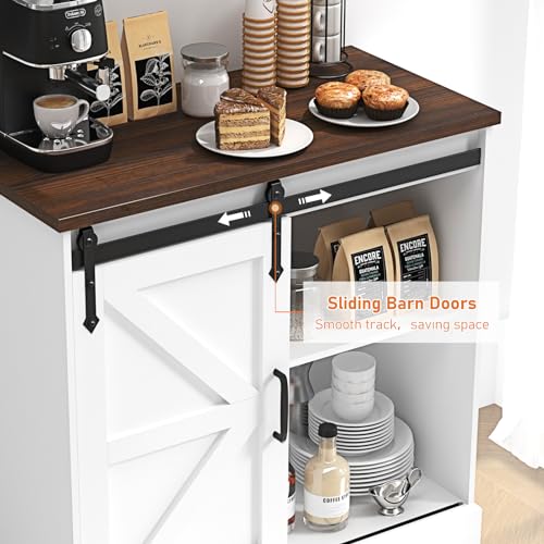 HOMFAMILIA 31.5" H Farmhouse Coffee Bar Cabinet w/Storage, White Kitchen Sideboard Buffet Cabinet with Sliding Barn Door, Rustic Accent Console with Adjustable Shelves, for Kitchen, Living Room HOMFAMILIA
