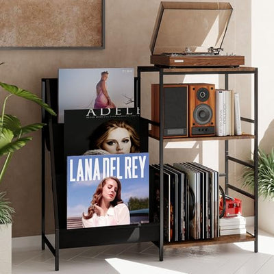 Arbcoler Record Player Stand With Vinyl Storage, 3-Tier Turntable Record Stand Holder, Vinyl Records Storage Shelf Holds Up to 300 Albums, Modern Vintage Black Record Player Table for Living Room