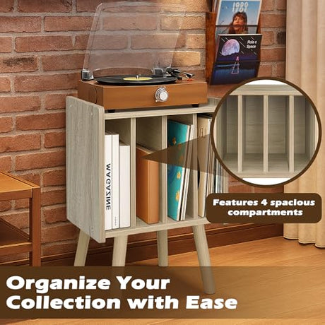 Record Player Stand, Vinyl Record Storage Table with 4 Cabinet, Mid Century Modern Turntable Stand, Organizer Vinyl Table for Bedroom Living Room, White Oak Montex