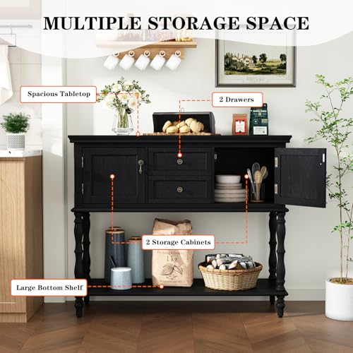 ARTPOWER Console Table with 2 Drawers, Retro Entryway Table with 2 Door Cabinets and Open Storage Shelf, Narrow Long Behind Couch Sofa Table for Living Room, Foyer, Hallway, Black ARTPOWER