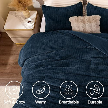 ChiXpace Flannel Fleece Queen Comforter Set - Furry Navy Blue Leaves Pattern Faux Fur Bed Set, Winter Ultra Soft Fuzzy Comfort Set, Velvet Bedding Set for Bed with 2 Pillow Cases ChiXpace