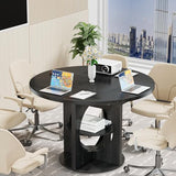 Black Extendable Round Conference Room Table for 4-6, 43-59 Inch Oval Meeting Room Table with Storage, Wooden Circle Desk with Leaf, Space Saving, for Office, Conference Room, Boardroom, Seminar Xyulmeo