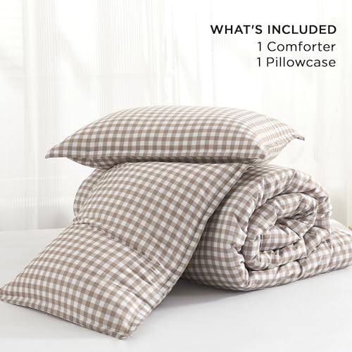 Andency Tan Gingham Comforter Set Twin(66x90Inch), Brown Checkered Grid Plaid Buffalo Bed Set for Girls Boys Kids Teens, 2 Pieces Lightweight Microfiber Geometric Preppy Bedding Andency