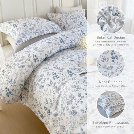 EAVD Queen Comforter Set White and Blue Floral Bedding Set for Women Soft Microfiber 3-Piece Vintage Garden Floral Comforter Set with 2 Pillowcases Botanical Bedding Set for All-Season EAVD
