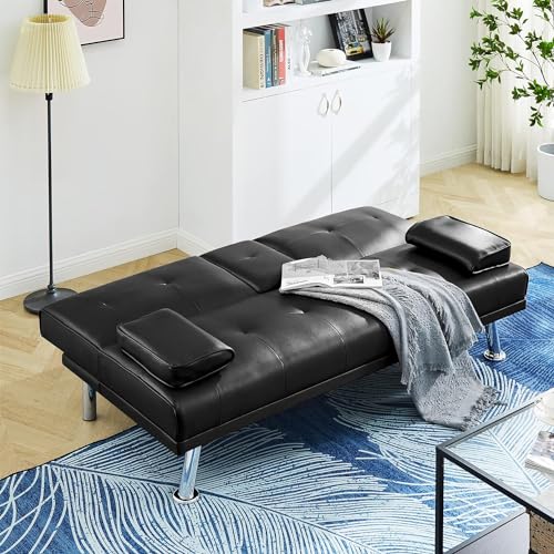 Convertible Folding Futon Sofa Bed Sleeper Couch for Living Room, Modern Faux Leather Upholstered Loveseat w/Removable Armrests, Metal Legs, 2 CupHolders, Love Seat Sofa Bed for Small Spaces (Black) anwickjeff