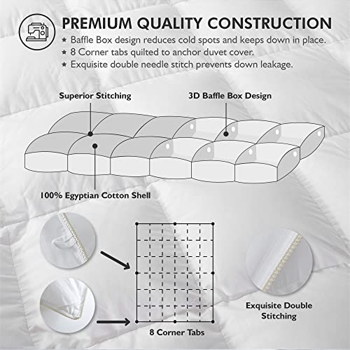 Luxurious White Solid Medium Weight, Twin Size Goose Feathers Down Comforter for All-Season Weather Duvet Insert, Premium Baffle Box, 100% Egyptian Cotton Cover, 55 oz. Fill Weight EGYPTIAN BEDDING