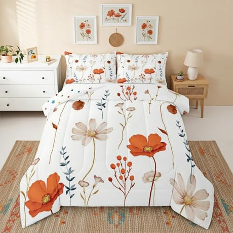 Erosebridal Watercolor Flower Comforter Set Full, Retro Orange Beige Floral Bedding Set for Kids Teens Adult Women, Modern Minimalist White Quilt Branches Pastoral Duvet Insert with 2 Pillow Cases Erosebridal