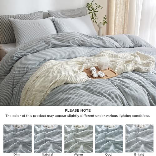 MWL Toy Striped Duvet Cover Set Full Size 3 Pcs Breathable Durable 100% Washed Cotton Comforter Cover for All Seasons Chic Linen Like Textured Bedding Set (Light Blue White Pinstripes, Full) MWL Toy