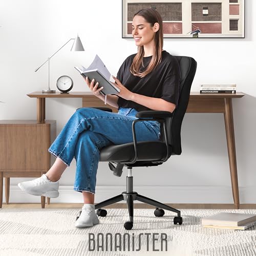Bananister Black Leather Office Desk Chair with Wheels and Arms, Height Adjustable, Vintage, Mid Century Modern Style Bananister