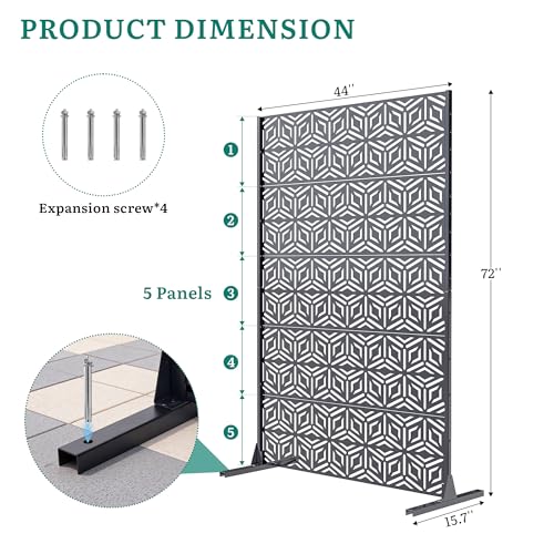 Ultym Metal Privacy Screen with Stand, 5-Panel 72" H×44" W Snowflake Room Divider,Rust-Resistant Steel Fence for Outdoor Indoor, Freestanding Decorative Steel Panel for Patio Garden Balcony Yard Ultym