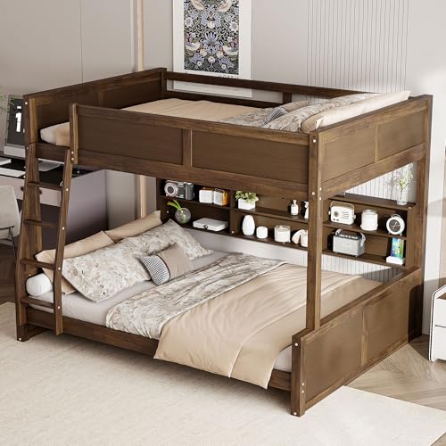 Merax Wooden Bunk Beds Full XL Over Queen for Teens Adults, Farmhouse Full XL Over Queen Low Bunk Bed with Storage Shelves and Charging Station and Inclined Ladder for Dormitory, Wood Merax