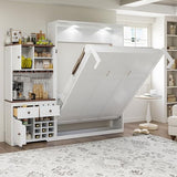 Merax Queen Size Murphy Bed, Wood Murphy Bed with Storage Cabinet, Wine Rack, Glass Holder, Drawers and Multi-Color LED Strip, White Merax