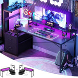 Aheaplus Gaming Desk with LED Strip & Power Outlet, 59Inch Reversible Computer Desk with Monitor Stand & Storage Shelves, Home Office Desks with Fabric File Drawer, PC Gamer Table, Carbon Fiber Black Aheaplus
