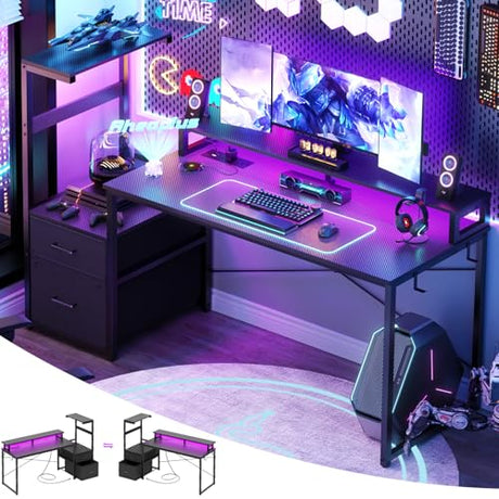 Aheaplus Gaming Desk with LED Strip & Power Outlet, 59Inch Reversible Computer Desk with Monitor Stand & Storage Shelves, Home Office Desks with Fabric File Drawer, PC Gamer Table, Carbon Fiber Black Aheaplus