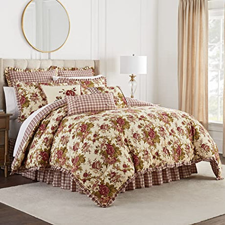 Waverly Norfolk 4-Piece 100% Cotton Comforter Set - King Red Floral Prints, with 2 Shams & 1 Bedskirt Waverly