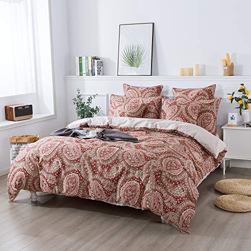 FADFAY Paisley Duvet Cover Set 100% Cotton Ultra Soft Red and Beige Reversible Paisley Bedding Set with Hidden Zipper Closure 3 Pieces, 1Duvet Cover & 2Pillowcases, King/California King Size FADFAY