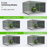 Huepar 3x360°Laser Level with 2 Li-ion Batteries 3D Outdoor Green Cross Line Self Leveling for Construction/Picture Hanging Hard Case，Magnetic Huepar