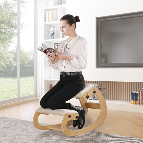 Predawn Adjustable Ergonomic Kneeling Chair – Custom Height Rocking Posture Stool with Thick Cushions, Solid Wood Frame, Knee Support Seat for Adults, Office or Meditation Use(White Oak) Predawn