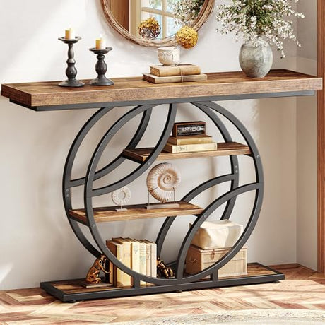 Huuger 47.2 Inch Entryway Table, Industrial Console Sofa Table with Storage, Accent Table with Shelves, for Entry, Hallway, Entrance, Foyer, O-Shaped Metal Frame, Rusitc Brown Huuger