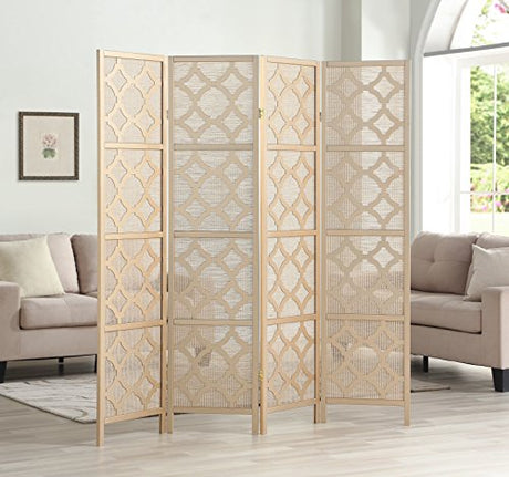 Roundhill Furniture Quarterfoil Infused Diamond Design 4-Panel Room Divider, Gold Roundhill Furniture