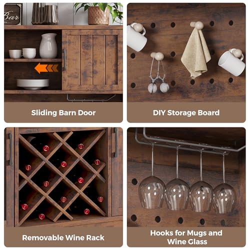 72" Coffee Bar Cabinet with Power Outlet & LED Light, Farmhouse Large Kitchen Hutch with Sliding Barn Door, Tall Bar Cabinets with Storage Drawers & Wine Glass Rack,Pantry China Cabinet,Vintage Brown Jocoevol
