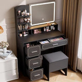 Hogxp Vanity Table with LED Mirror & Power Outlet - 5 Open Shelves, 4 Drawers - Includes Padded Stool - Ideal Bedroom Makeup Dressing Table （Black） Hogxp